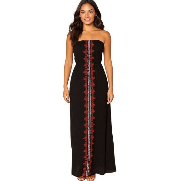 Womens Black Maxi Dress with Intricate Red and White Embroidery - Picture 1 of 6